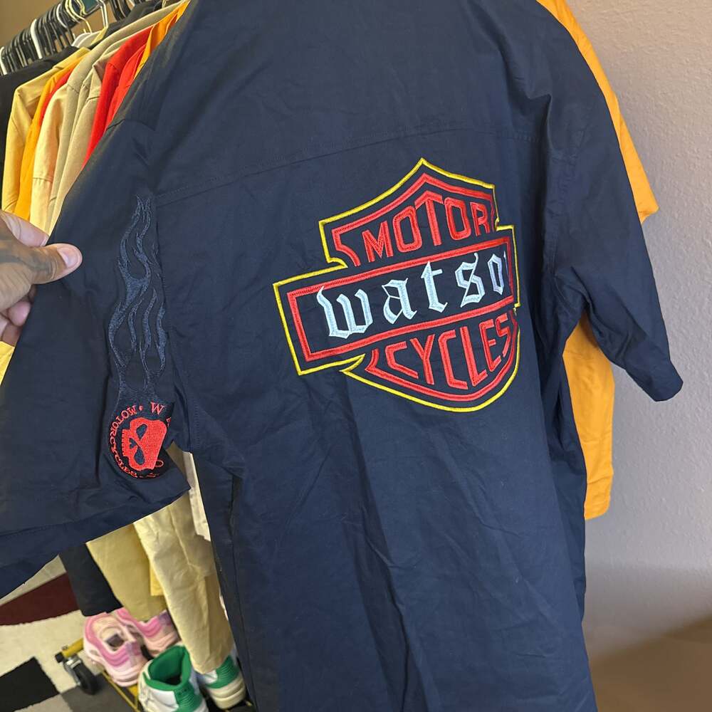 Vintage Harley Davidson Embroidered "Road Hog" Blue Camp Shirt XL HTF/Rare